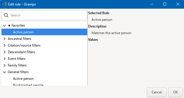 FilterWorkbench rule picker with the Favorites group at the top